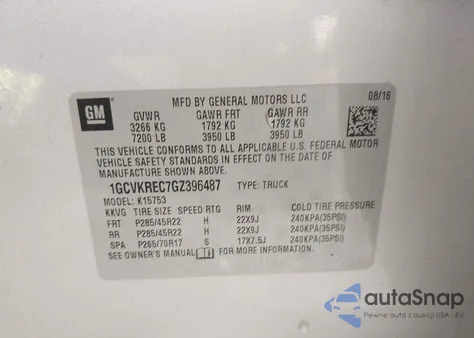 2016 Chevrolet Silverado 1500 2Lt from USA, damaged, VIN 1GCVKREC7GZ396487